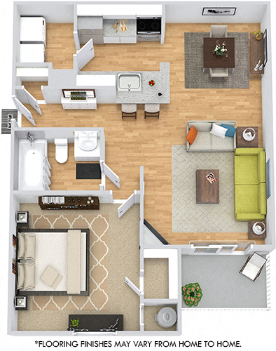 Floor plan for 1 bed, 1 bath, 740 sqft